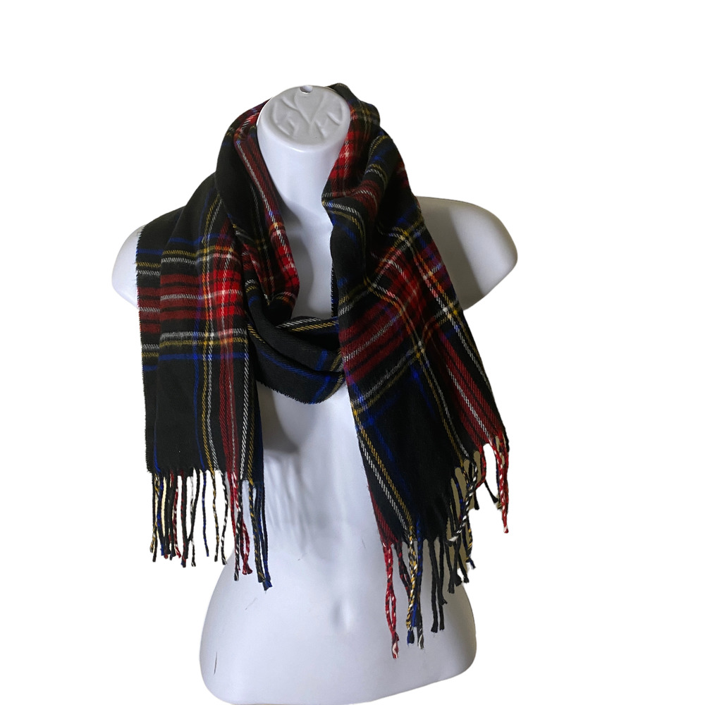 Cejon Tartan Plaid Red Navy Blue Yellow Fringe Scarf Made in Italy 100% Acrylic